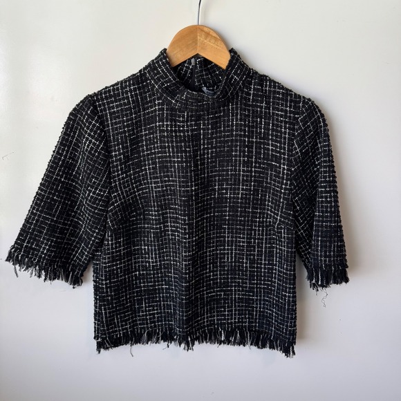 Zara Tweed Top Mock Neck Fringed Hem‎ Cropped Black White Career XS - Picture 2 of 6